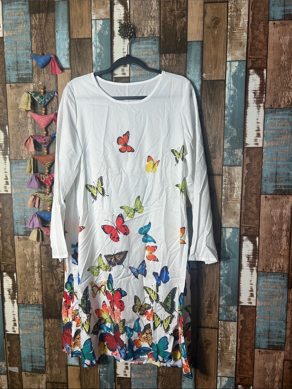 White Butterfly Print Long Sleeve Women's Dress